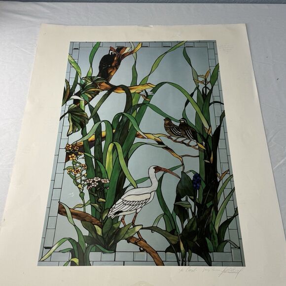 Signed Artist Poster Print 28x22 Artwork Of Stained Glass Window Design w Birds - Picture 1 of 13